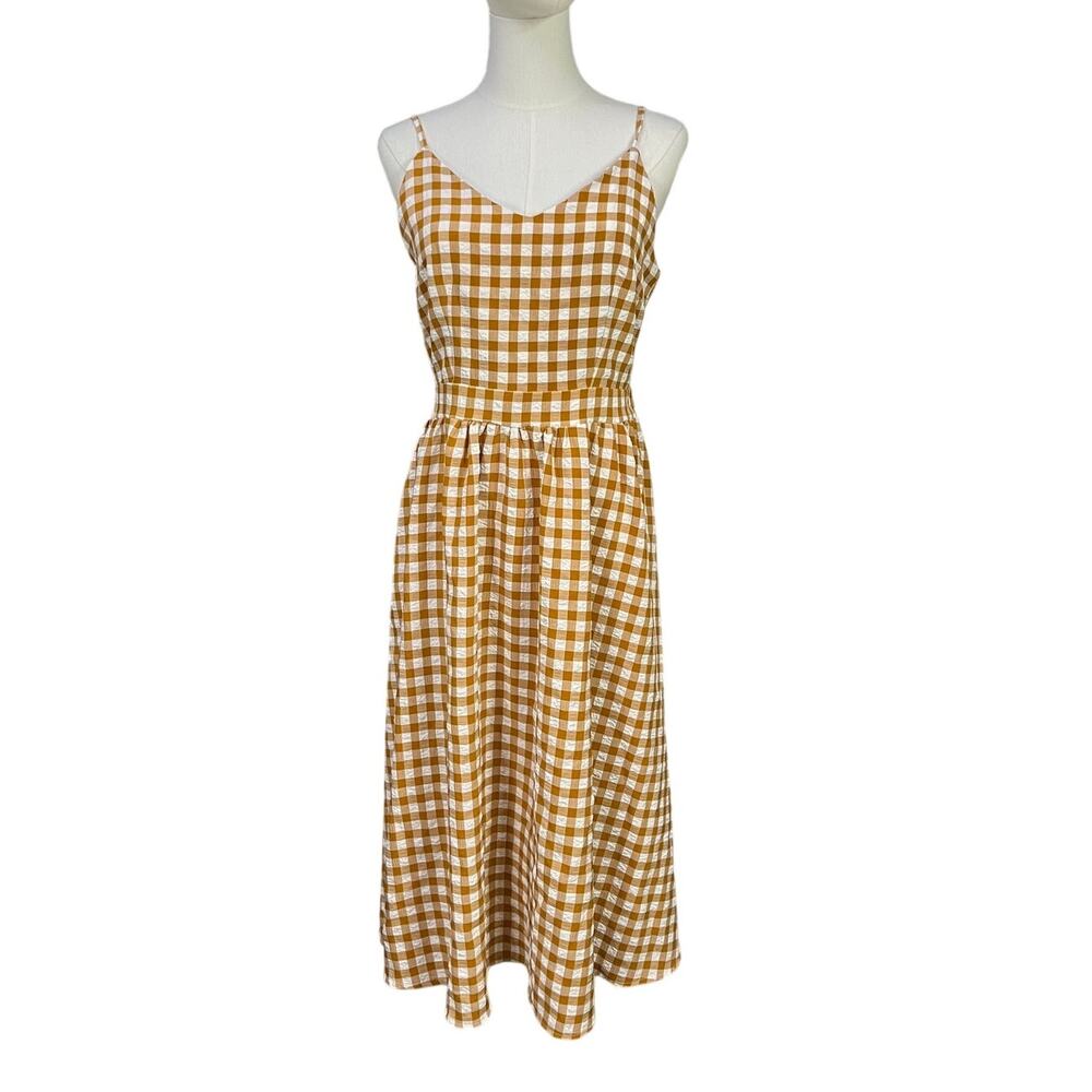 SALT Boutique Womens M Mustard Gingham Tie Back Open Back Midi Dress Cottagecore